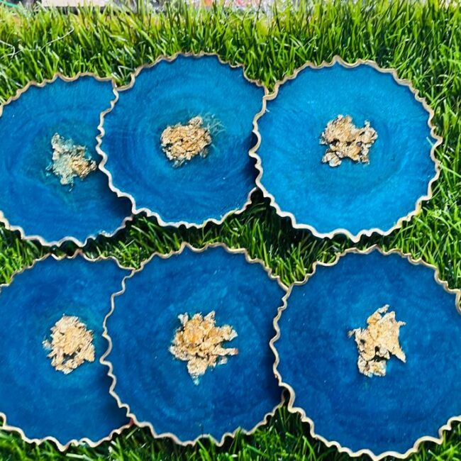 Handmade Navy Blue Resin Tea Coasters with Gold Accents (Set of 6)