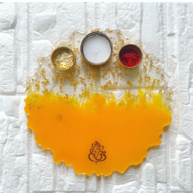Handcrafted Resin Pooja Thali with Integrated Diya Holders – Yellow & Clear Marble Finish