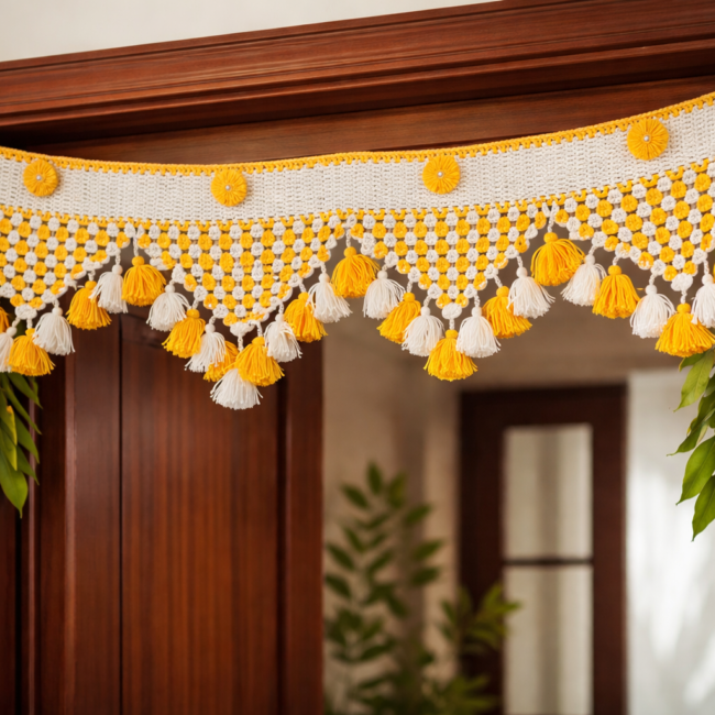 Handmade Crochet Toran for Door | Yellow & White Tassel Door Hanging | Festive Home Décor Bandhanwar for Diwali, Gudi Padwa & Housewarming