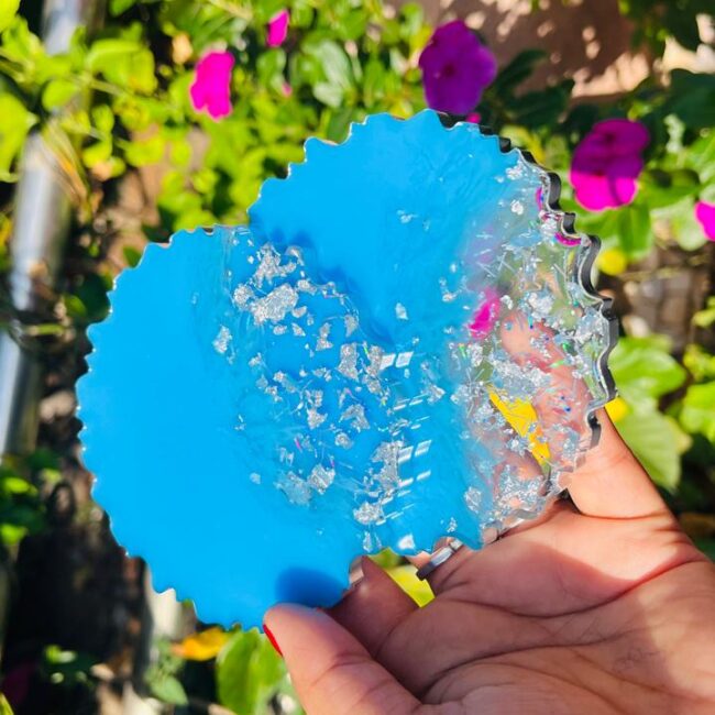 Set of 2 Elegant Ocean Blue Resin Tea Coasters with Crystal Edge Finish